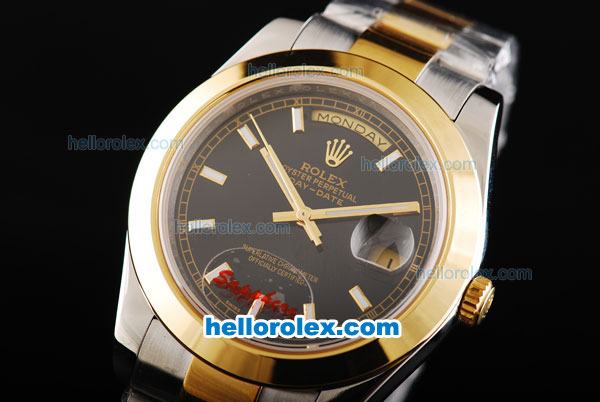 Rolex Day-Date II Oyster Perpetual Automatic Movement Two Tone with Gold Bezel-Black Dial and Stick Markers - Click Image to Close